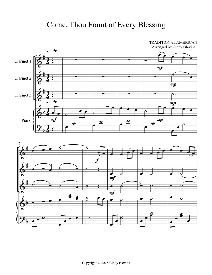 Come, Thou Fount of Every Blessing, for Three Clarinets and Piano Small Ensemble scores gallery preview page 2