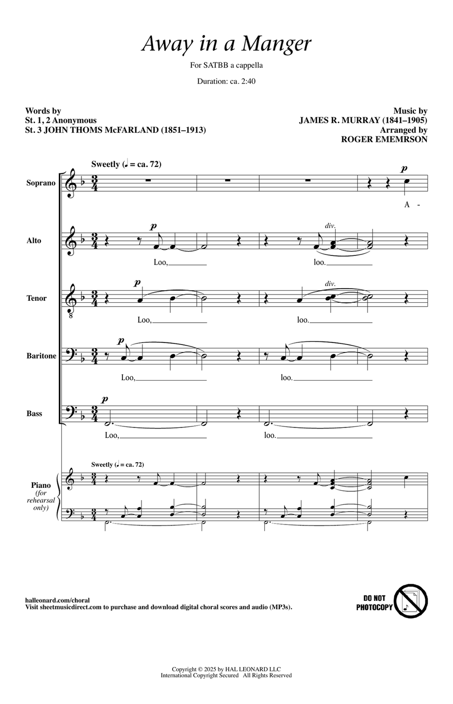 Away In A Manger (arr. Roger Emerson) SATBarB scores gallery preview page 1