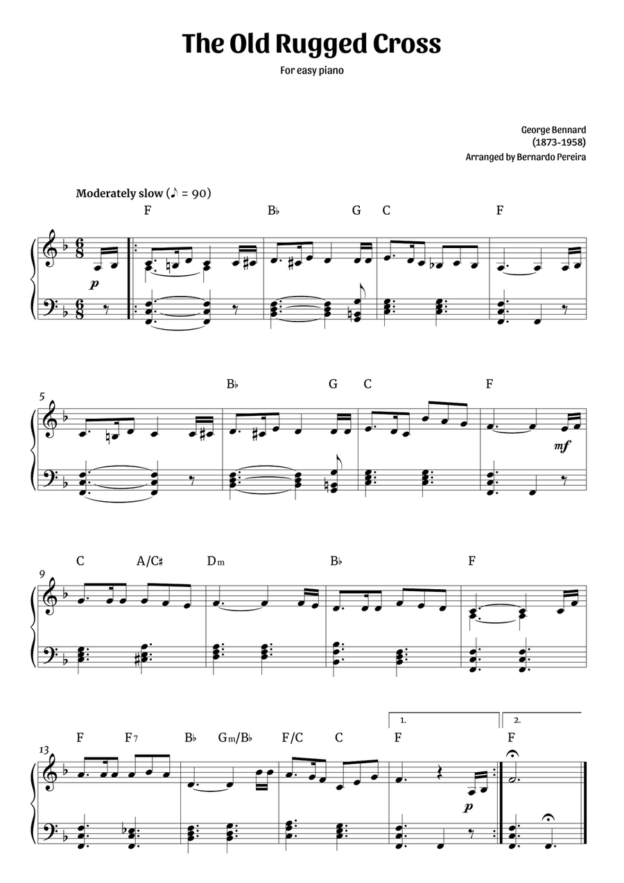 The Old Rugged Cross (easy piano in F major – clean with chords) Easy Piano scores gallery preview page 1
