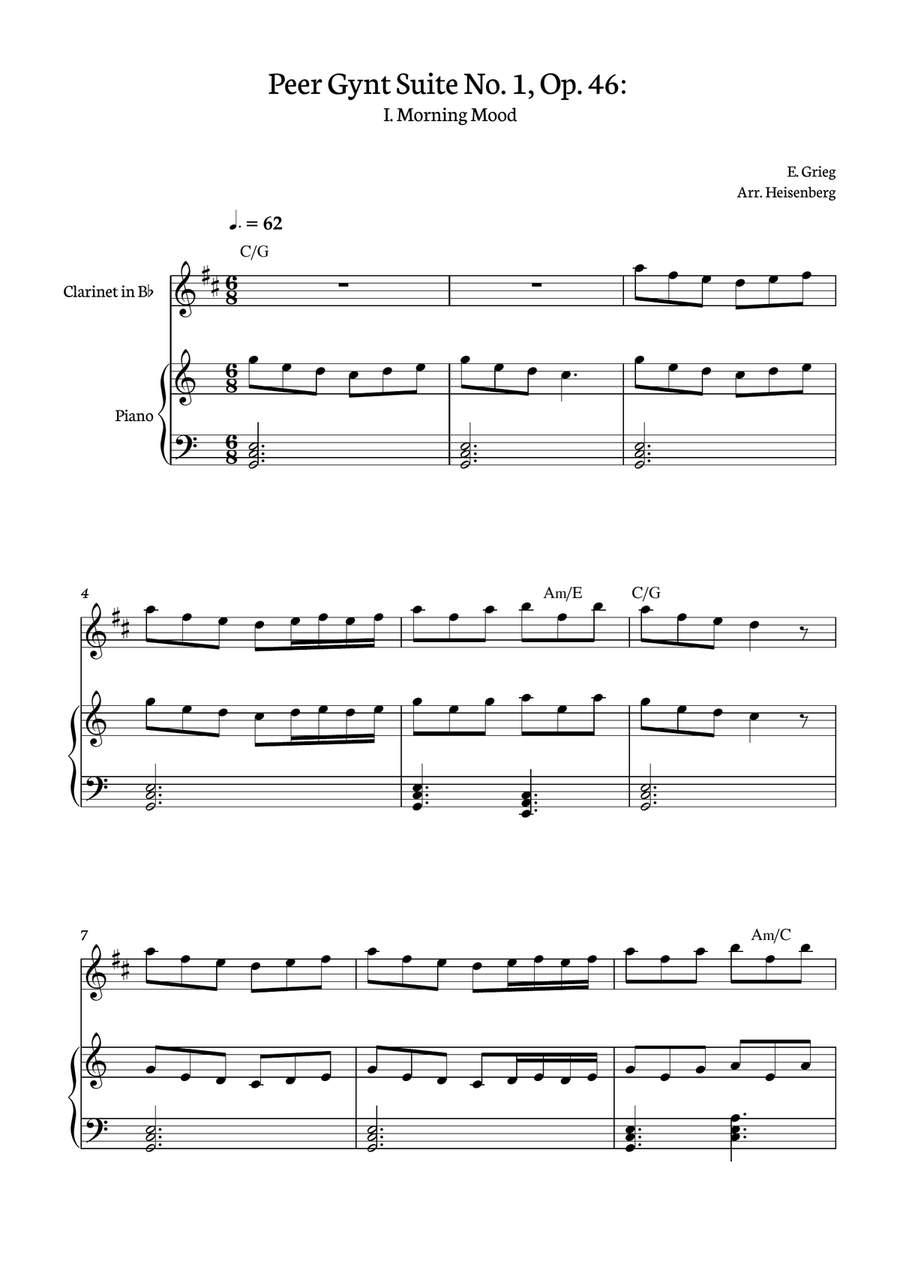 E. Grieg - Morning Mood - Peer Gynt Suite No. 1, Op. 46: for Clarinet with accompaniment and chords B-Flat Clarinet scores gallery preview page 1