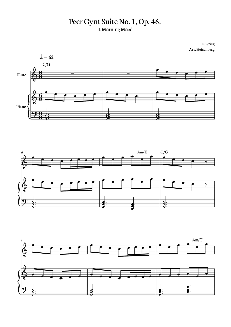 E. Grieg - Morning Mood - Peer Gynt Suite No. 1, Op. 46: for Flute with accompaniment and chords Flute Solo scores gallery preview page 1
