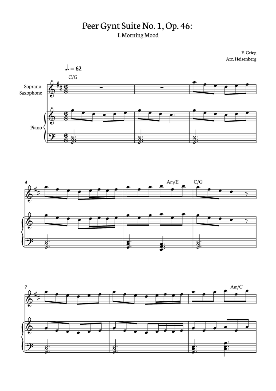 E. Grieg - Morning Mood - Peer Gynt Suite No. 1, Op. 46: for Soprano Saxophone with accompaniment an Soprano Saxophone scores gallery preview page 1