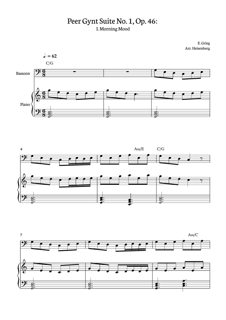 E. Grieg - Morning Mood - Peer Gynt Suite No. 1, Op. 46: for Bassoon with accompaniment and chords Bassoon scores gallery preview page 1
