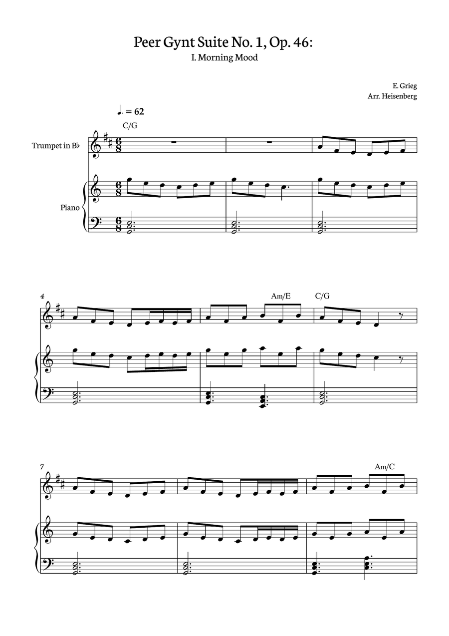 E. Grieg - Morning Mood - Peer Gynt Suite No. 1, Op. 46: for trumpet with accompaniment and chords B-Flat Trumpet scores gallery preview page 1