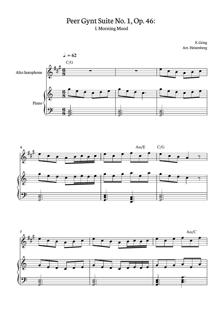 E. Grieg - Morning Mood - Peer Gynt Suite No. 1, Op. 46: for Alto Saxophone with accompaniment and c Alto Saxophone scores gallery preview page 1