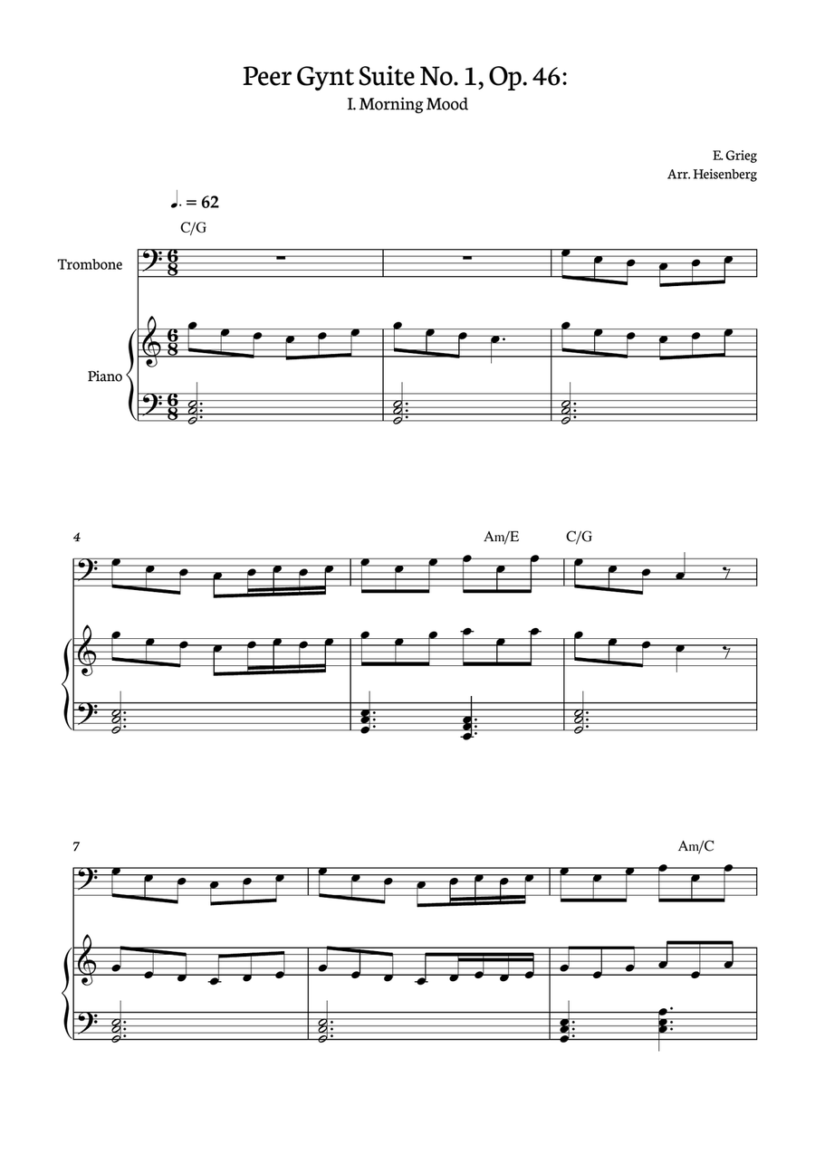 E. Grieg - Morning Mood - Peer Gynt Suite No. 1, Op. 46: for Trombone with accompaniment and chords Piano scores gallery preview page 1
