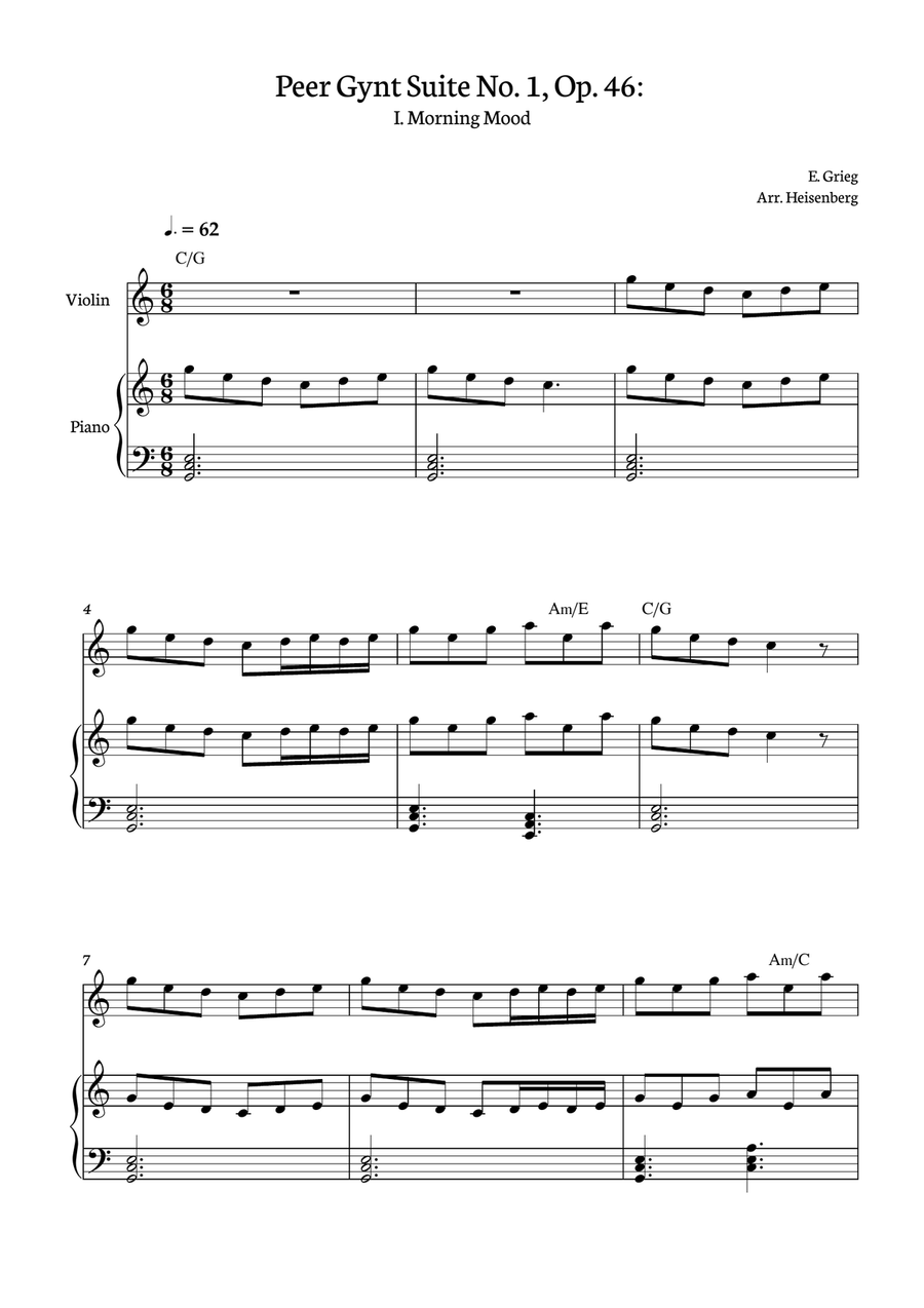E. Grieg - Morning Mood - Peer Gynt Suite No. 1, Op. 46: for Violin with accompaniment and chords Violin Solo scores gallery preview page 1