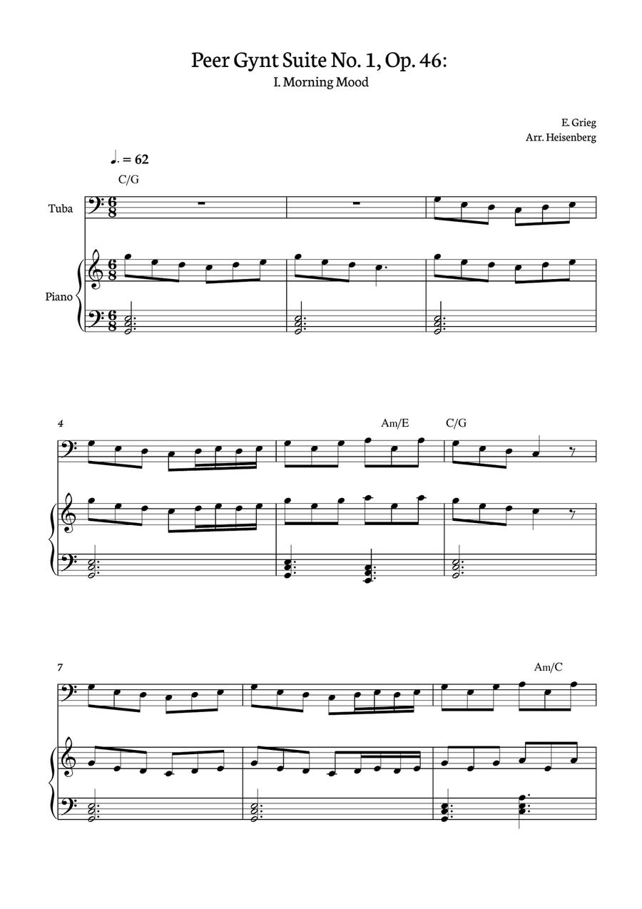 E. Grieg - Morning Mood - Peer Gynt Suite No. 1, Op. 46: for Tuba with accompaniment and chords Tuba scores gallery preview page 1