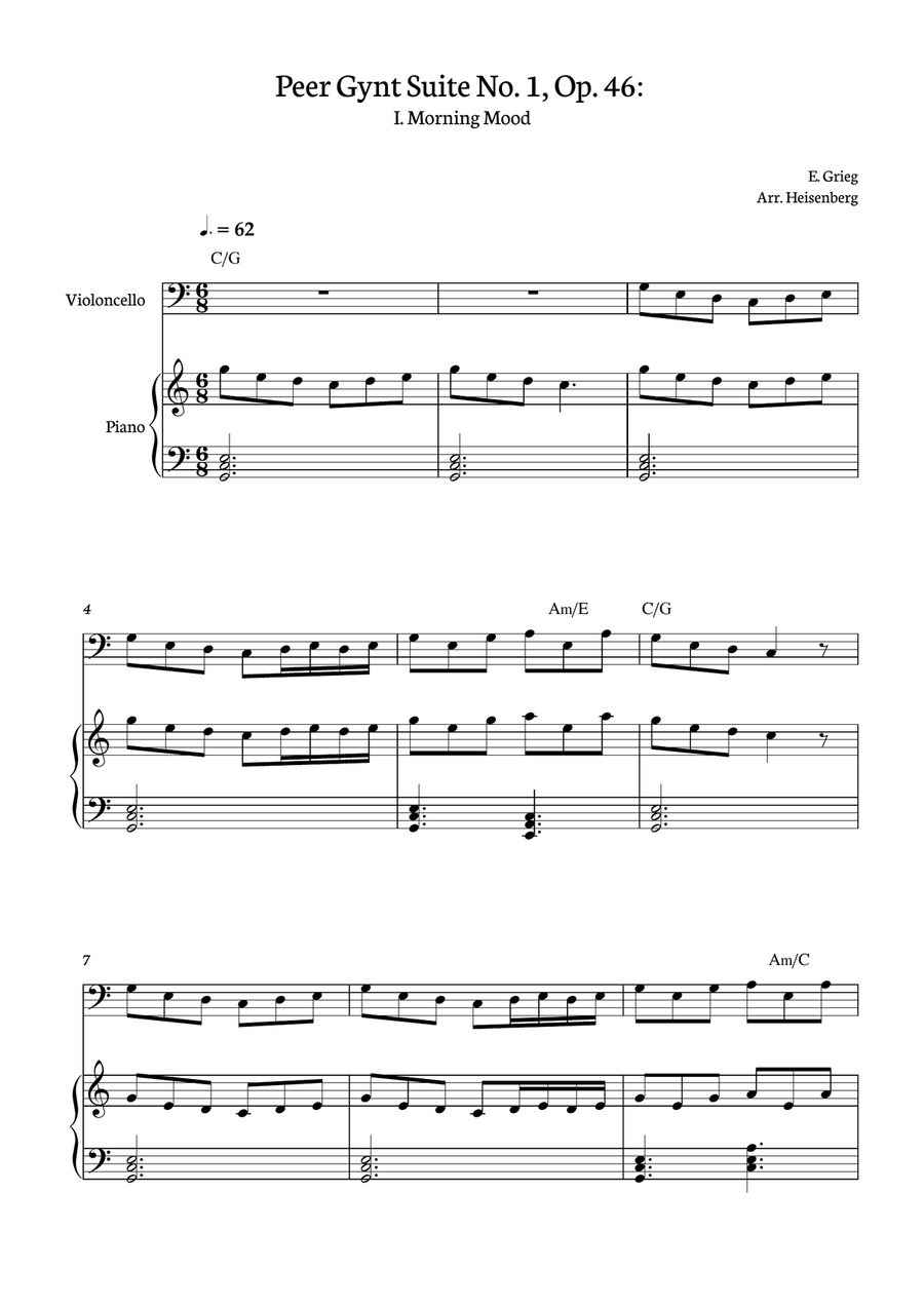 E. Grieg - Morning Mood - Peer Gynt Suite No. 1, Op. 46: for Cello with accompaniment and chords Piano scores gallery preview page 1