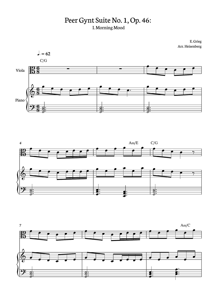 E. Grieg - Morning Mood - Peer Gynt Suite No. 1, Op. 46: for Viola with accompaniment and chords Viola scores gallery preview page 1