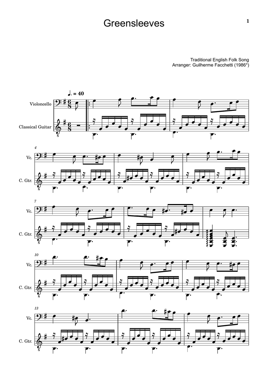 Greensleeves - Traditional English for Cello and Guitar String Duet scores gallery preview page 1