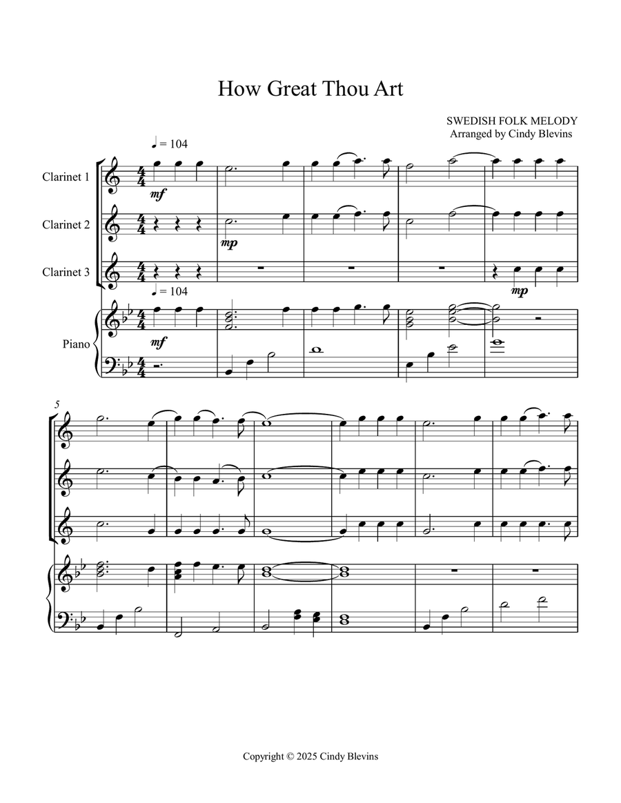 How Great Thou Art, for Three Clarinets and Piano Small Ensemble scores gallery preview page 2