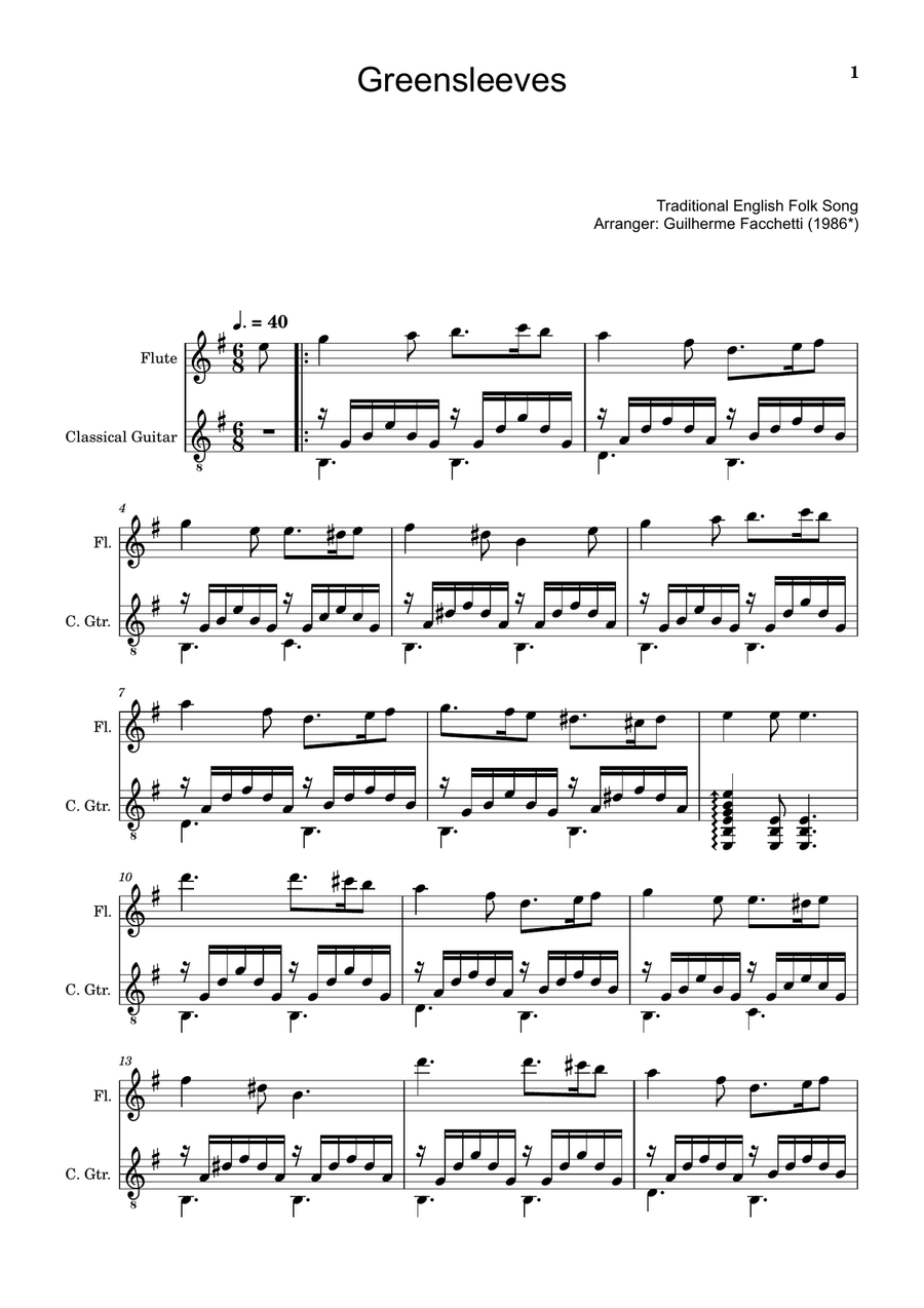 Greensleeves - Traditional English for Flute and Guitar Chamber Music scores gallery preview page 1