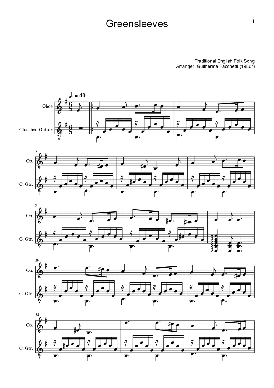 Greensleeves - Traditional English for Oboe and Guitar. Chamber Music scores gallery preview page 1