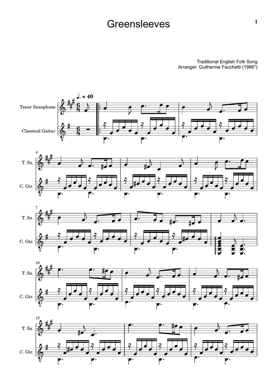Greensleeves - Traditional English for T. Sax. and Guitar. Chamber Music scores gallery preview page 1