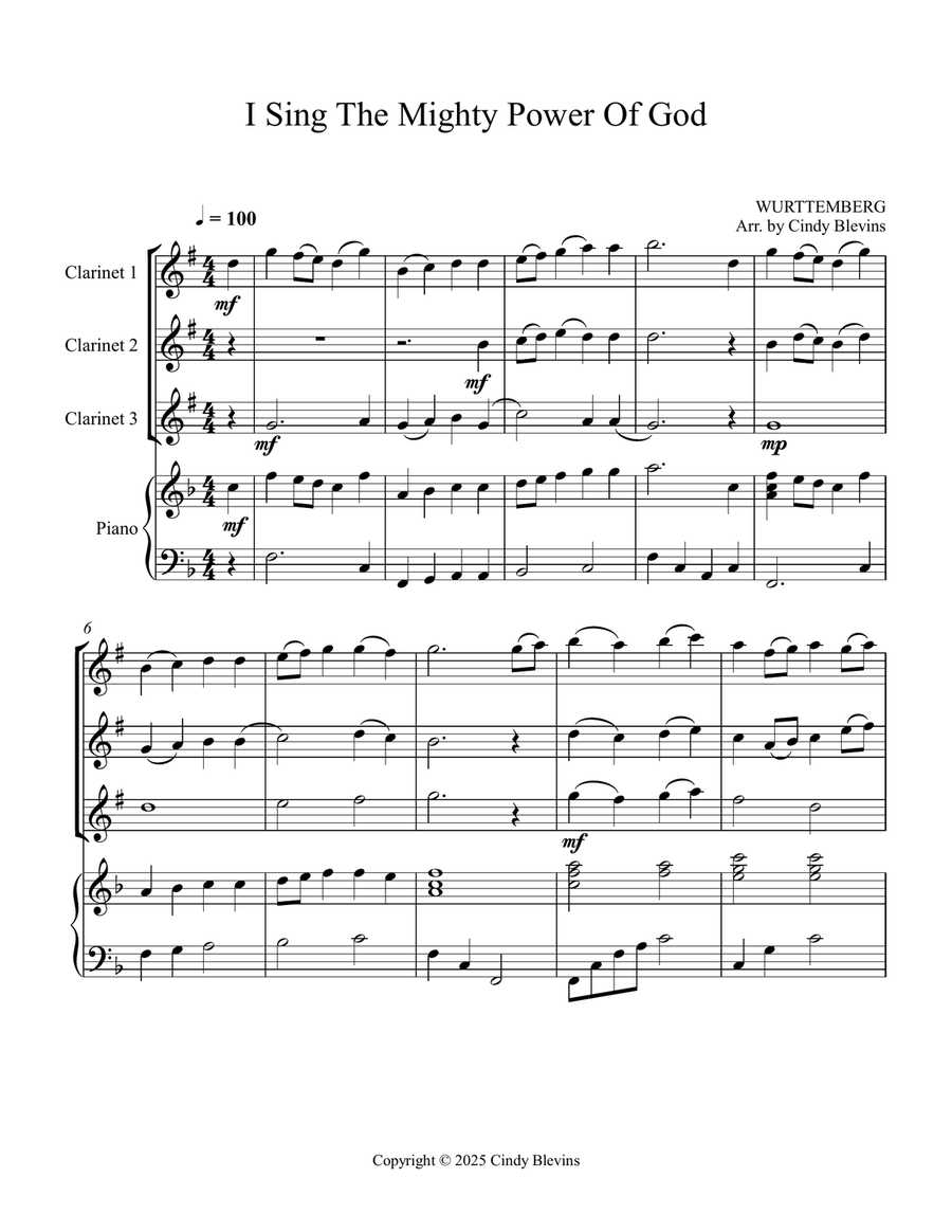 I Sing the Mighty Power of God, for Three Clarinets and Piano Small Ensemble scores gallery preview page 2