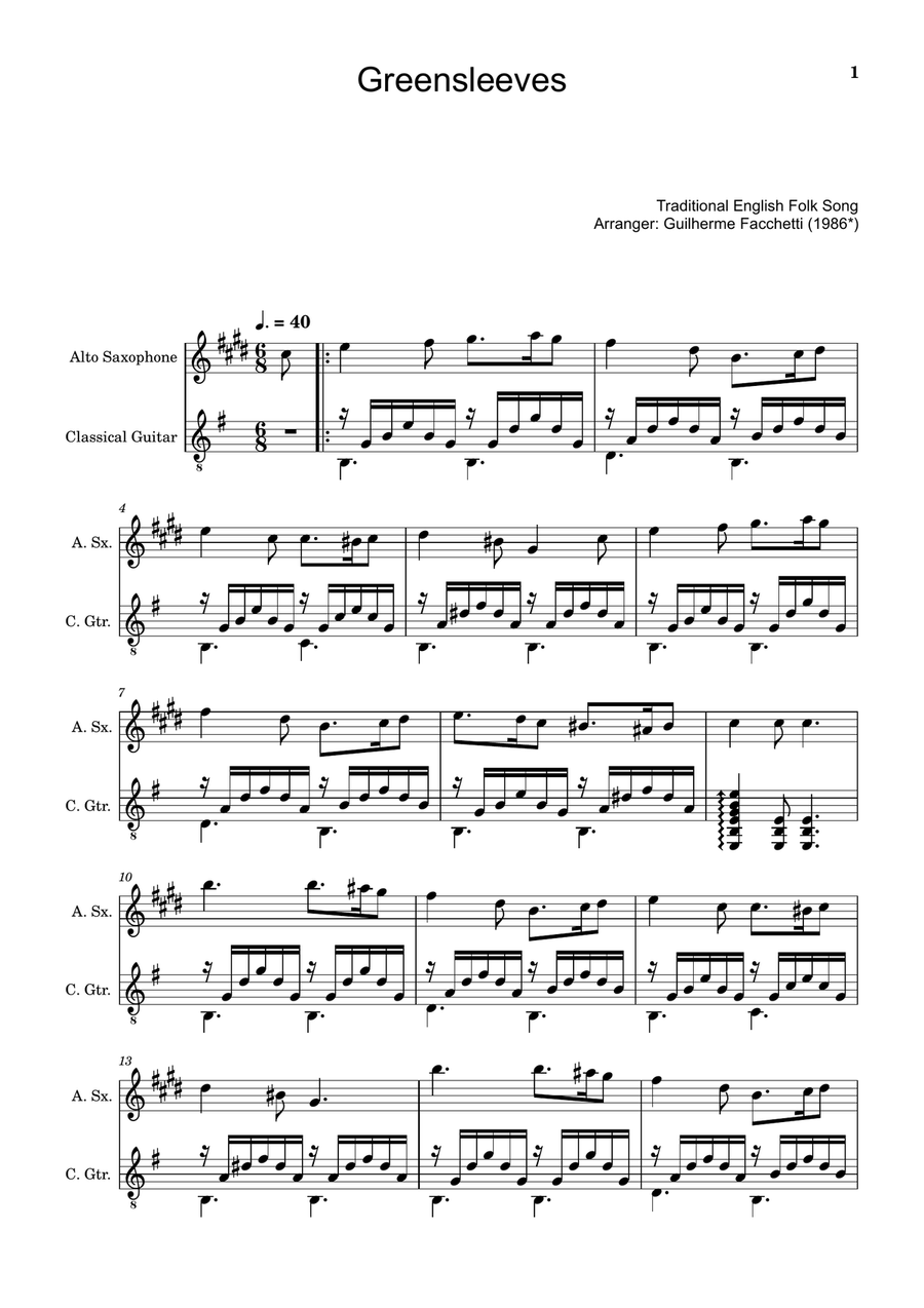 Greensleeves - Traditional English for A. Sax. and Guitar. Chamber Music scores gallery preview page 1