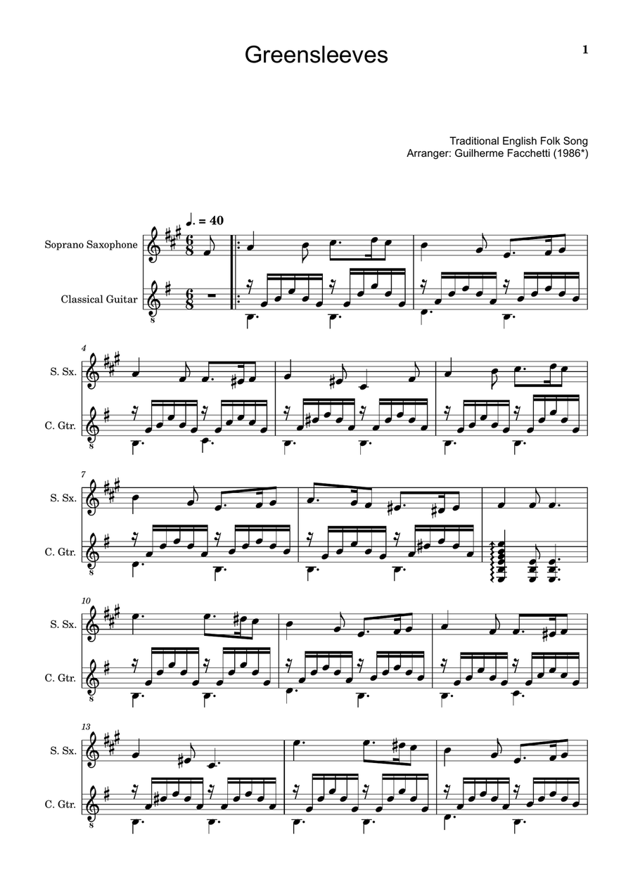 Greensleeves - Traditional English for S. Sax. and Guitar. Chamber Music scores gallery preview page 1