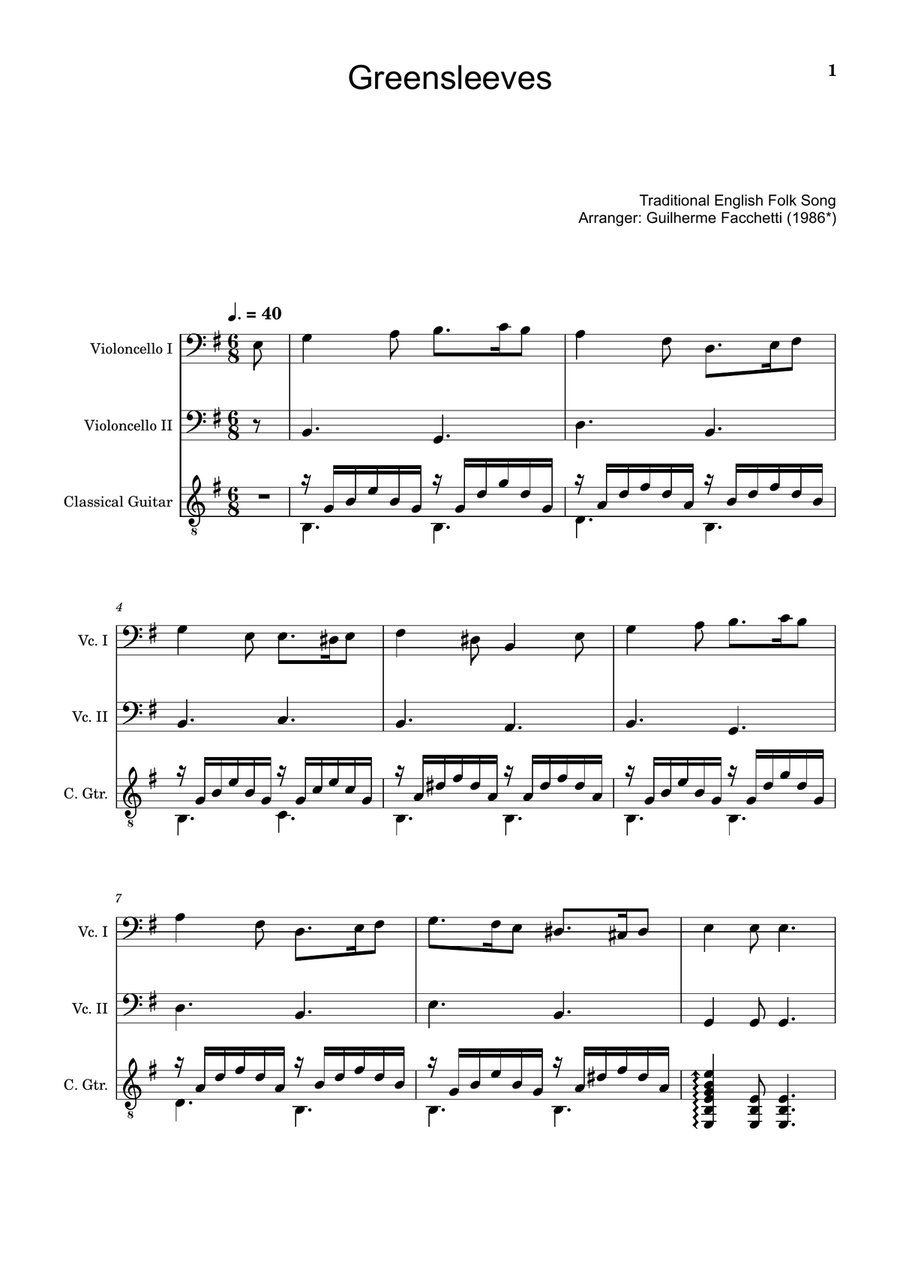 Greensleeves - Traditional English for Cello Duet and Guitar String Duet scores gallery preview page 1