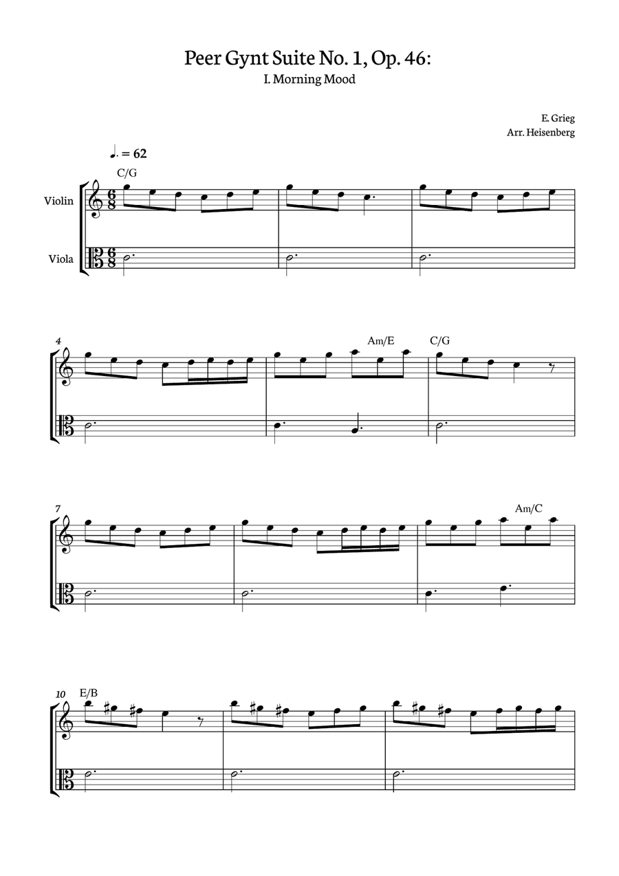 E. Grieg - Morning Mood - Peer Gynt Suite No. 1, Op. 46: for viola and violin duet with chords String Duet scores gallery preview page 1