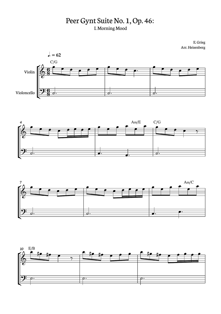 E. Grieg - Morning Mood - Peer Gynt Suite No. 1, Op. 46: for violin and Cello duet with chords String Duet scores gallery preview page 1