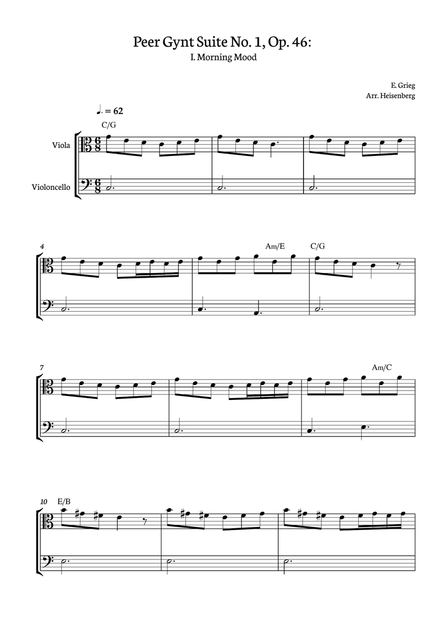 E. Grieg - Morning Mood - Peer Gynt Suite No. 1, Op. 46: for viola and Cello duet with chords String Duet scores gallery preview page 1