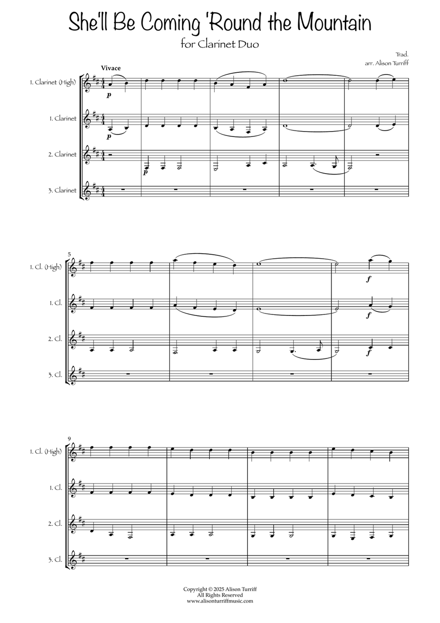 She'll Be Coming 'Round the Mountain for 2 clarinets (with optional chalumeau solo) Clarinet Duet scores gallery preview page 2