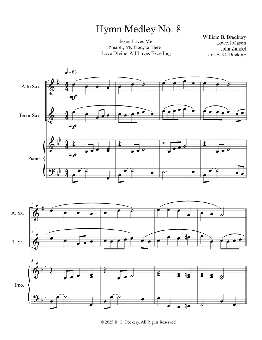 Hymn Medley No. 8 (Alto and Tenor Sax Duet with Piano Accompaniment) Woodwind Duet scores gallery preview page 1