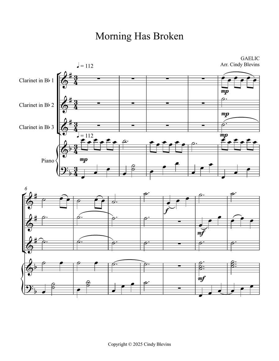 Morning Has Broken, for Three Clarinets and Piano Small Ensemble scores gallery preview page 2