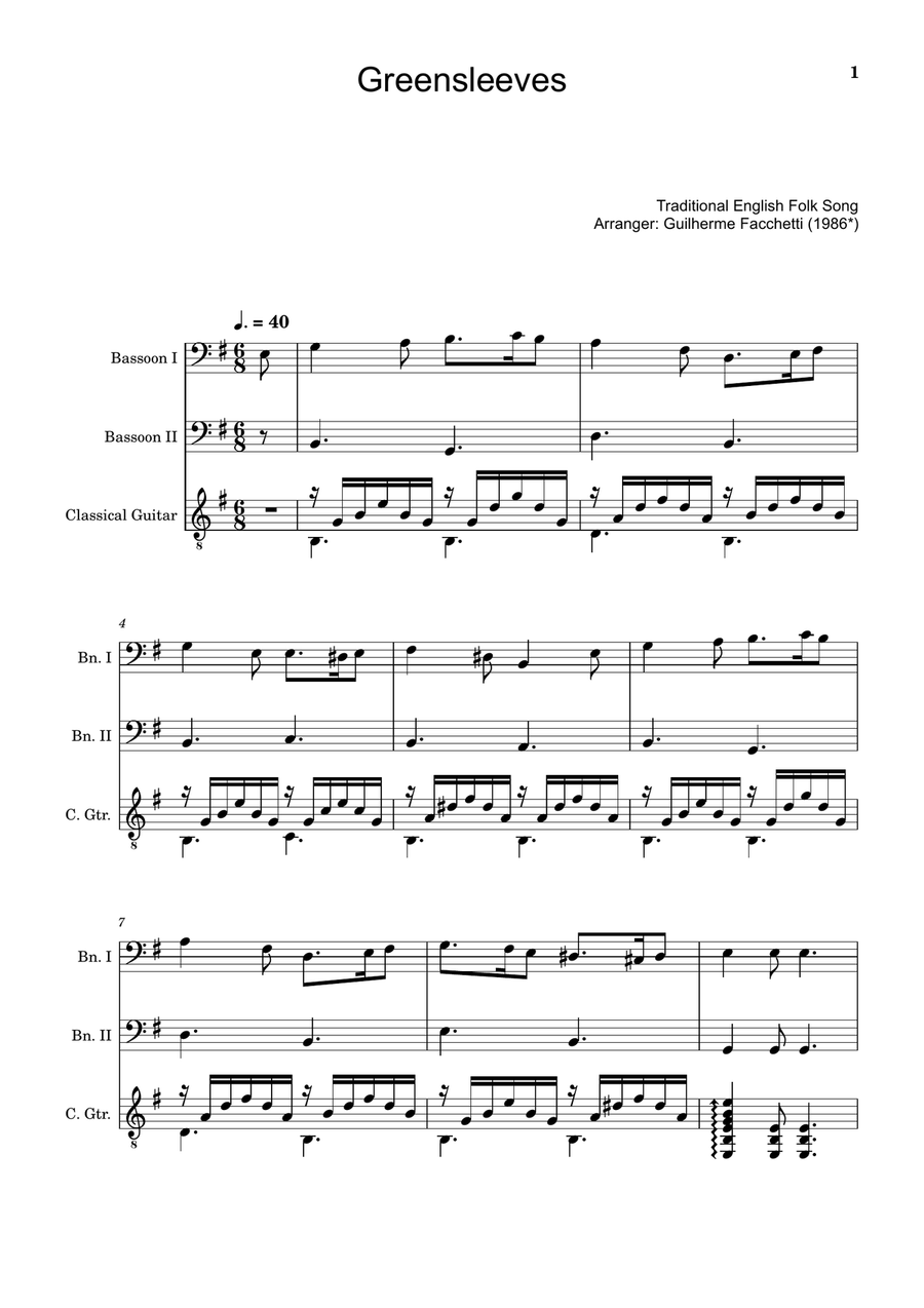 Greensleeves - Bassoon Duet and Guitar. Score and Parts. Small Ensemble scores gallery preview page 1