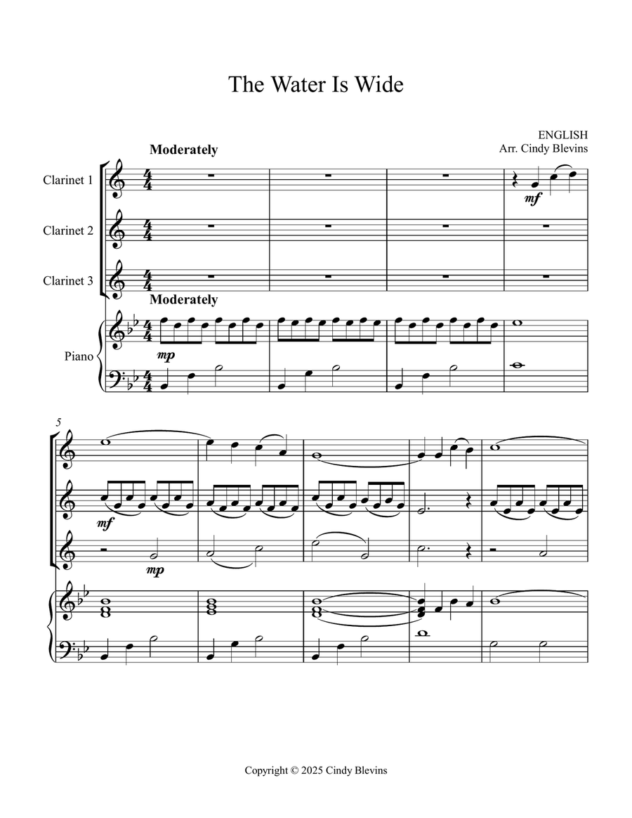 The Water Is Wide, for Three Clarinets and Piano Small Ensemble scores gallery preview page 2