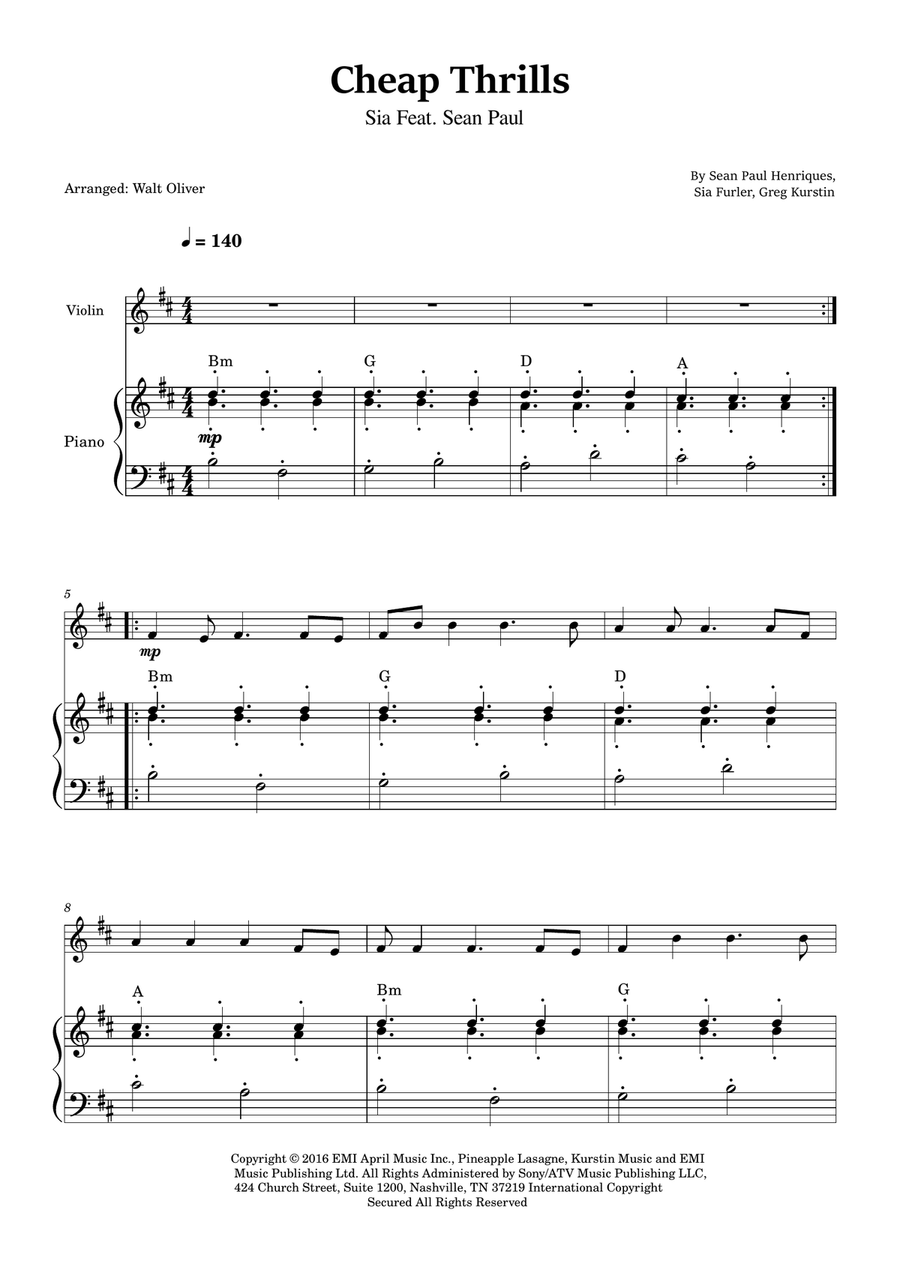 Cheap Thrills (Feat. Sean Paul) Violin Solo scores gallery preview page 1