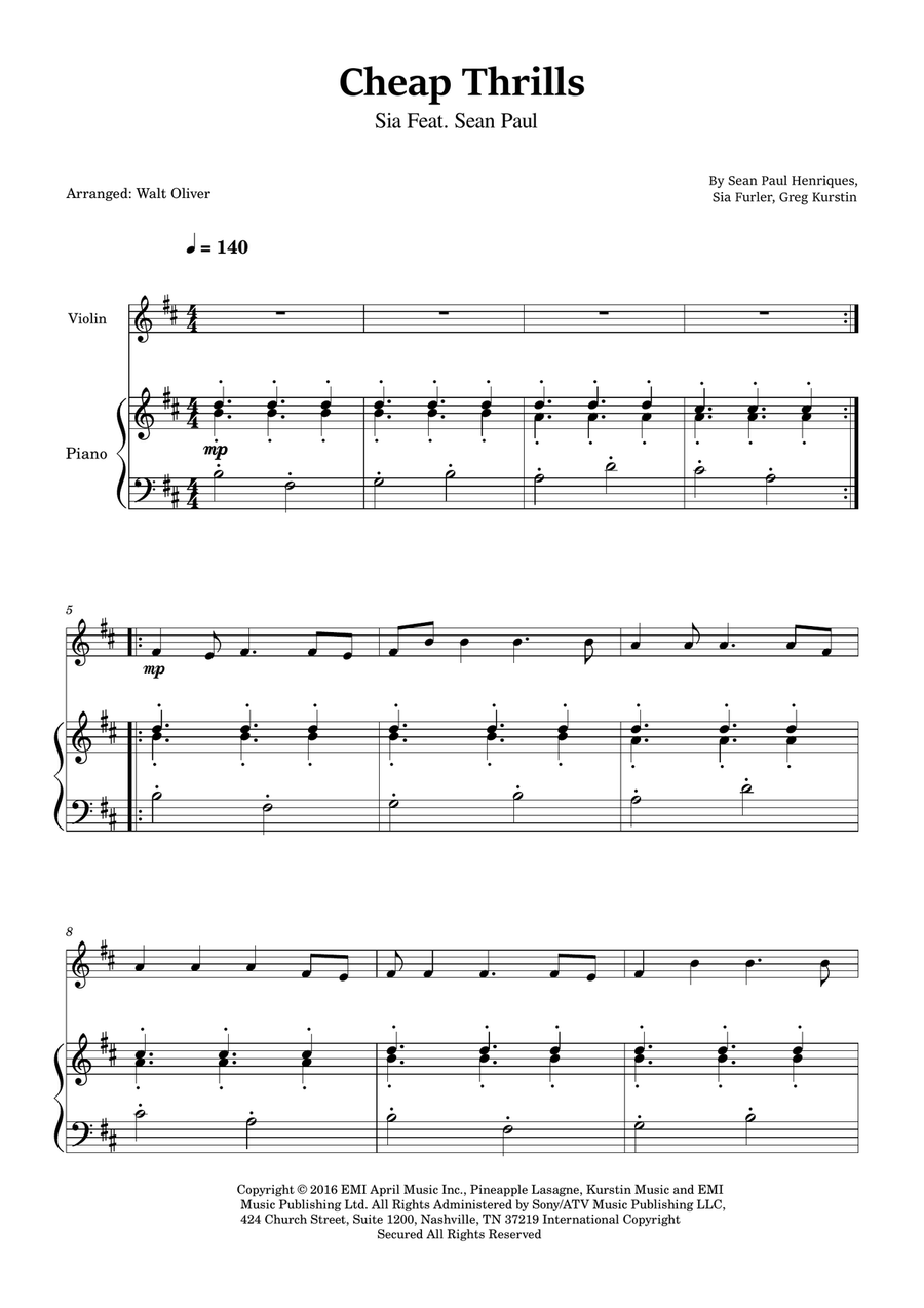 Cheap Thrills (Feat. Sean Paul) Violin Solo scores gallery preview page 1