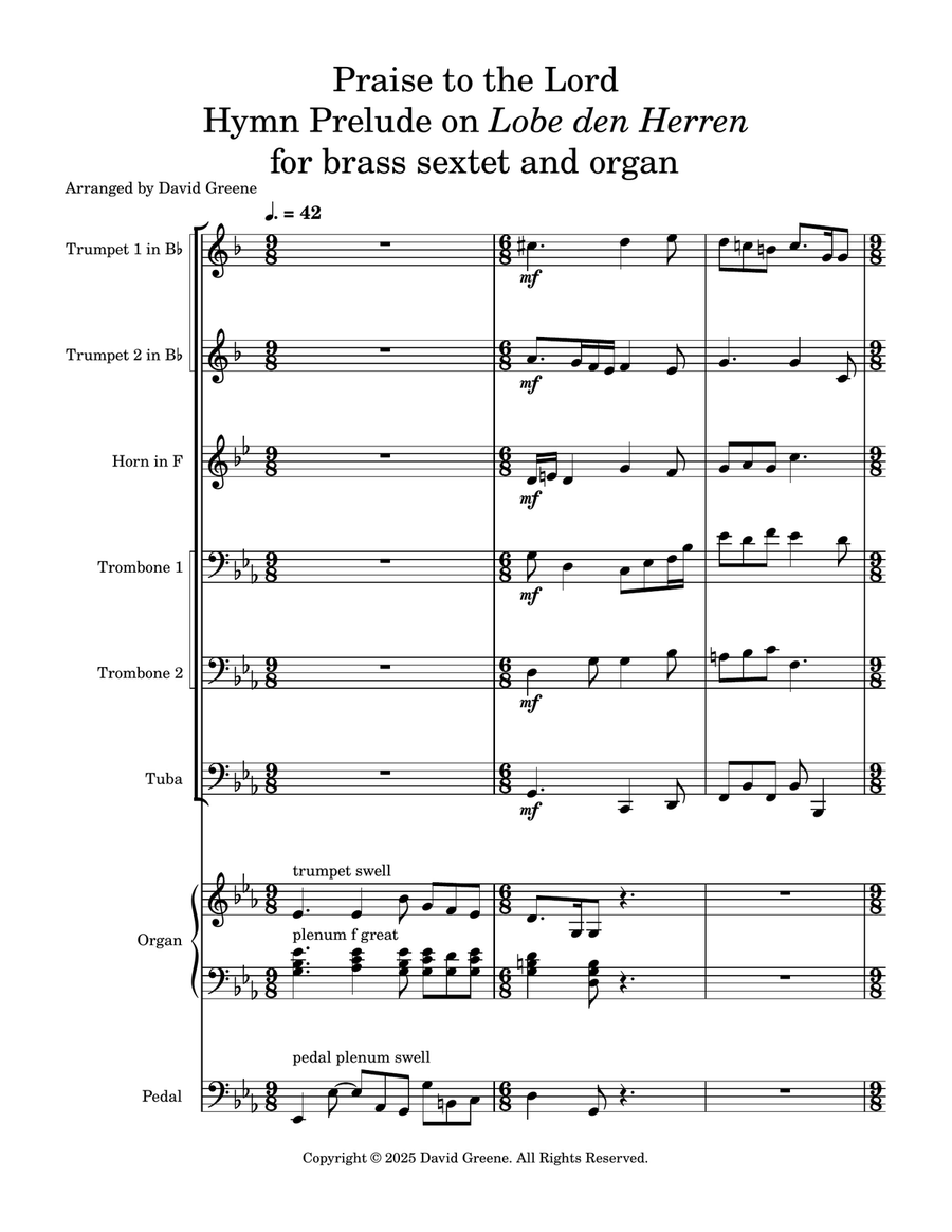 Praise to the Lord: hymn prelude on LOBE DEN HERREN for brass sextet and organ Brass Ensemble scores gallery preview page 1
