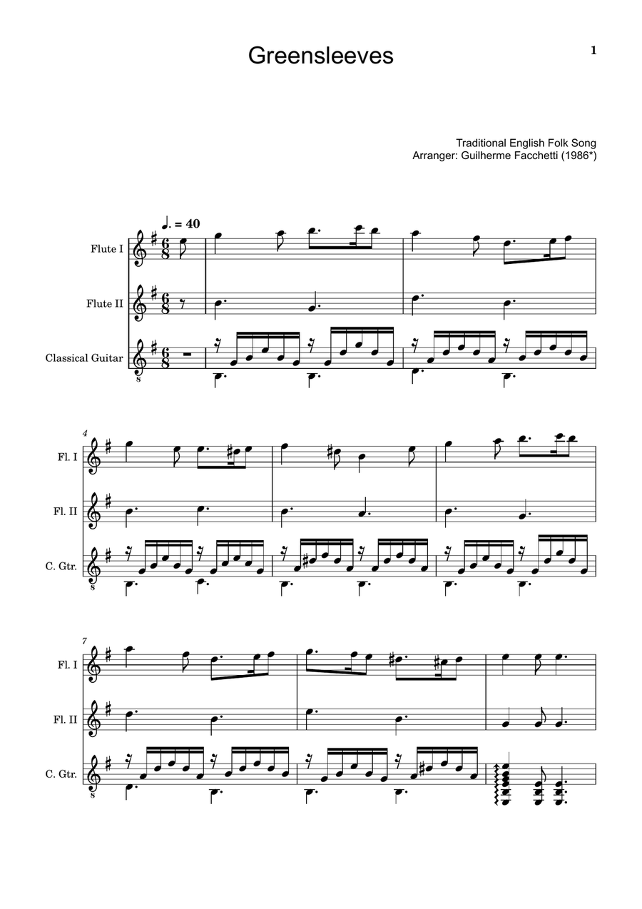 Greensleeves - Flute Duet and Guitar, Score and Parts. Small Ensemble scores gallery preview page 1