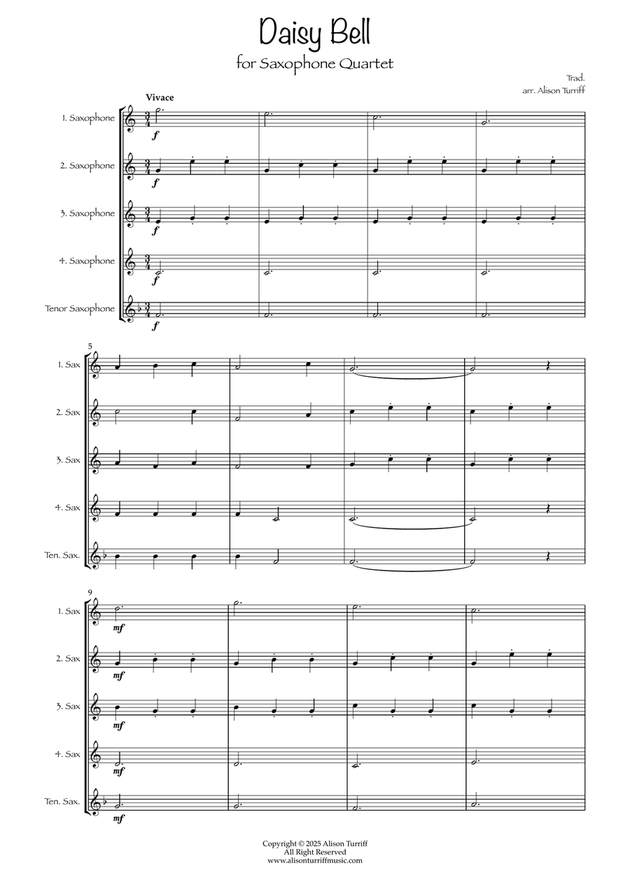 Daisy Bell for 4 saxophones (with optional tenor part) Saxophone Quartet scores gallery preview page 2