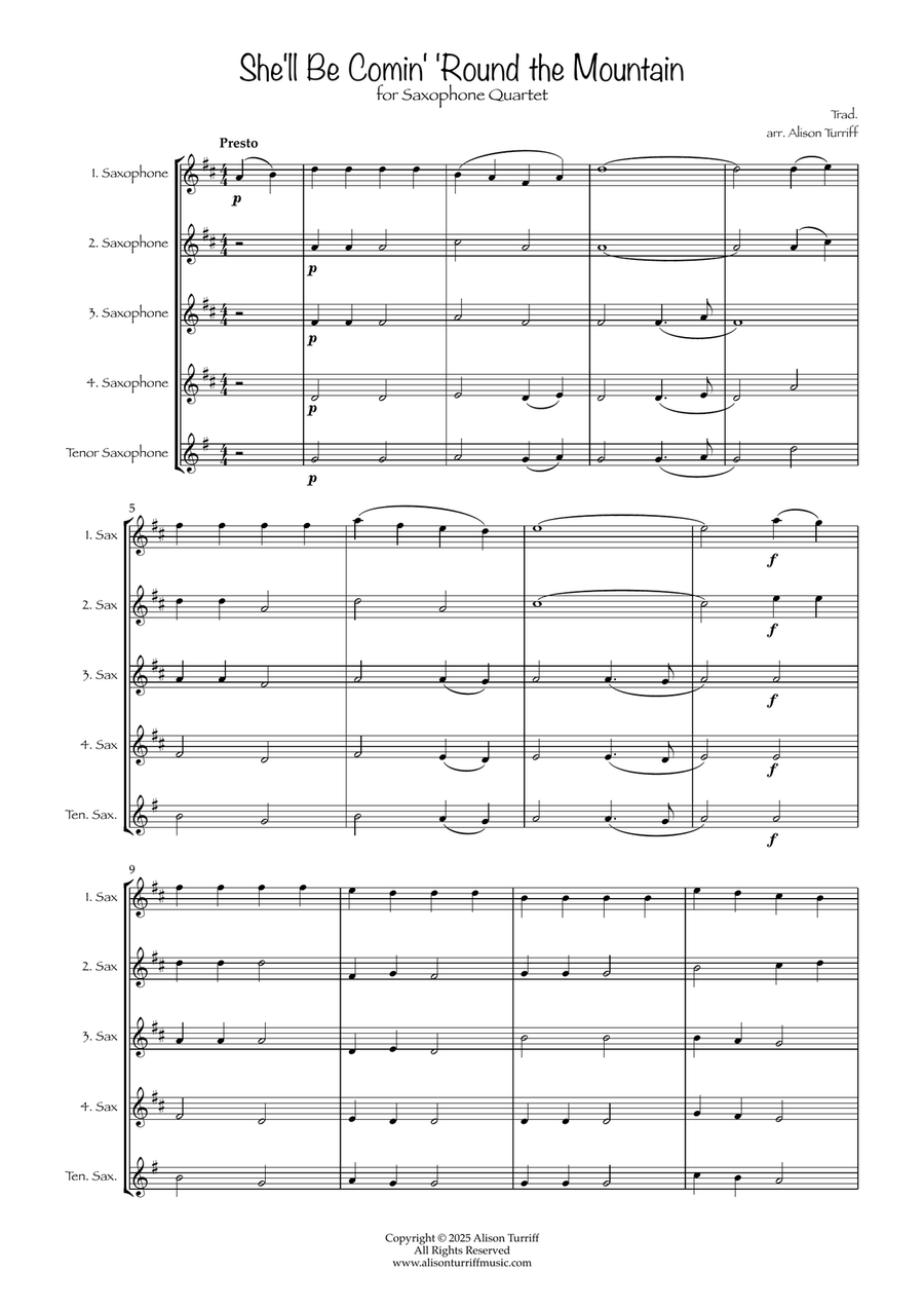 She'll Be Coming 'Round the Mountain for 4 saxophones (with optional tenor part) Saxophone Quartet scores gallery preview page 2