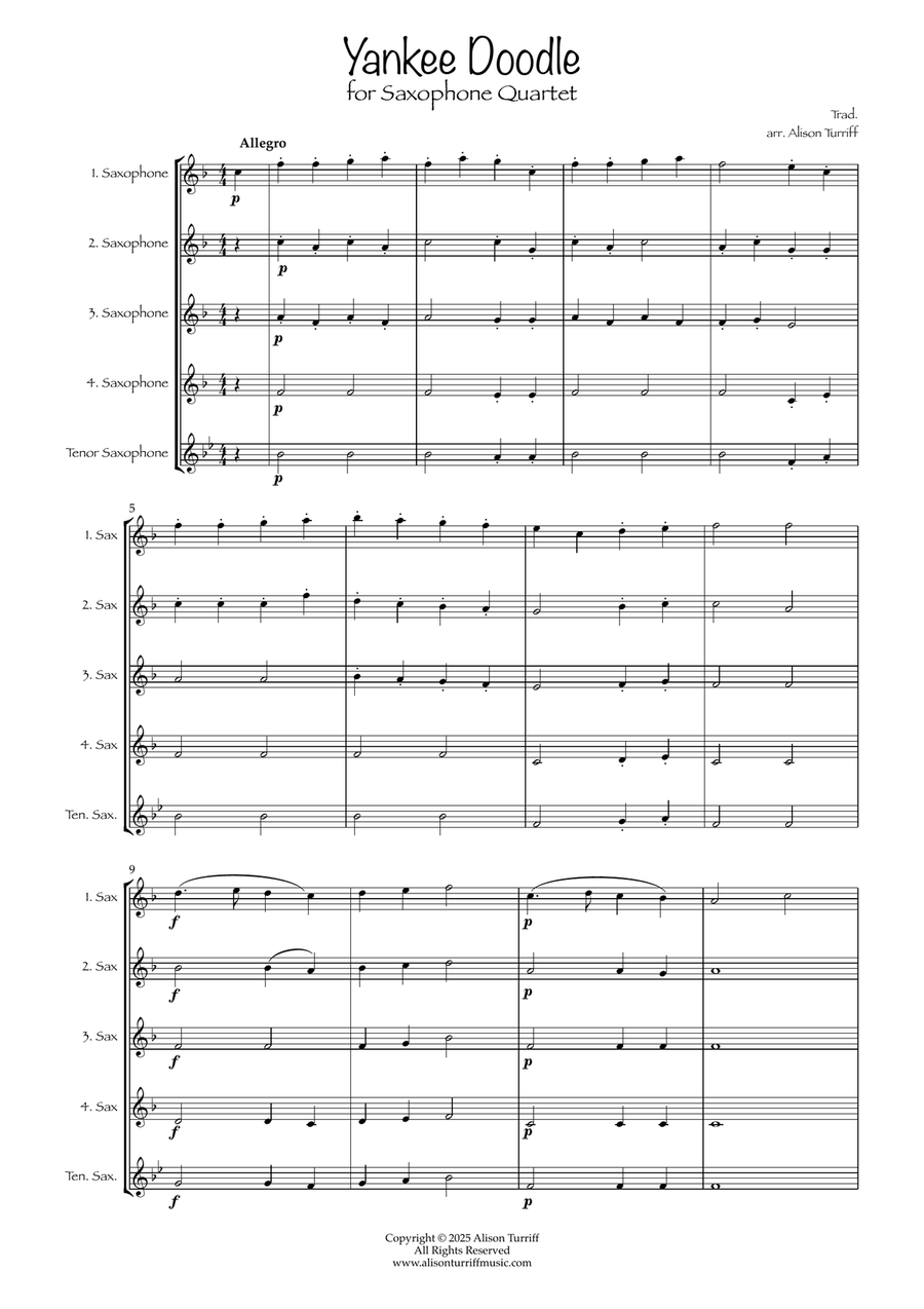 Yankee Doodle for 4 saxophones (with optional tenor part) Saxophone Quartet scores gallery preview page 2