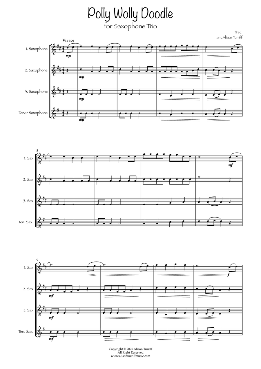 Polly Wolly Doodle for 3 saxophones (with optional tenor part) Woodwind Trio scores gallery preview page 2