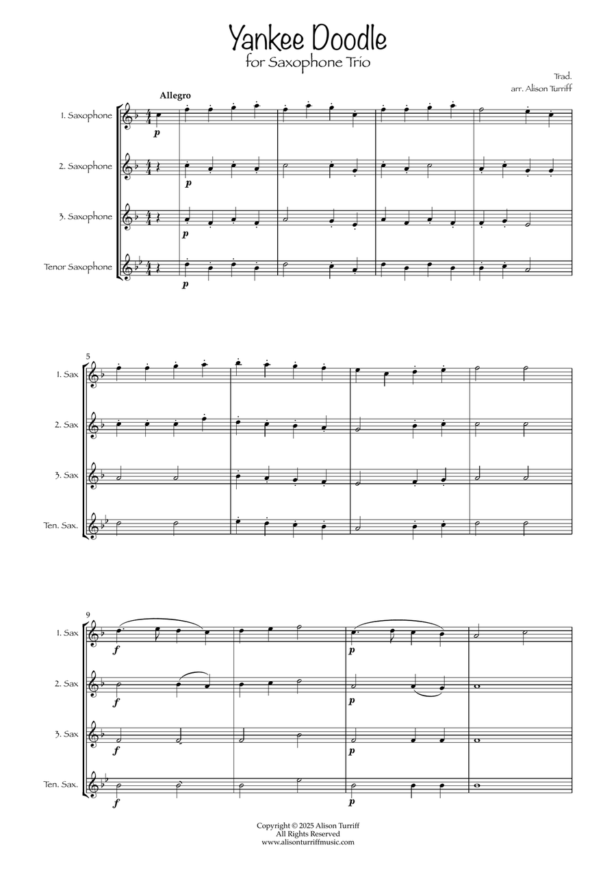Yankee Doodle for 3 saxophones (with optional tenor part) Woodwind Trio scores gallery preview page 2