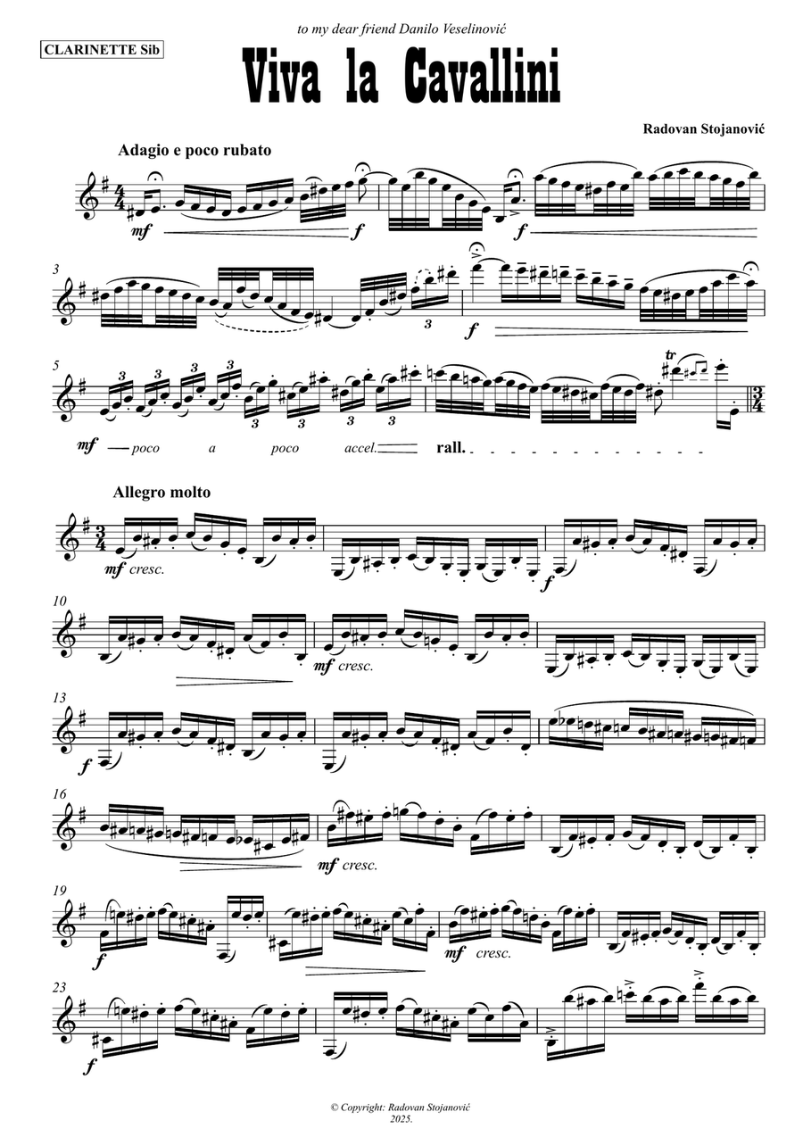 Radovan Stojanović - Hommage a Cavallini (Viva la Cavallini) Clarinet B-Flat Clarinet scores gallery preview page 1