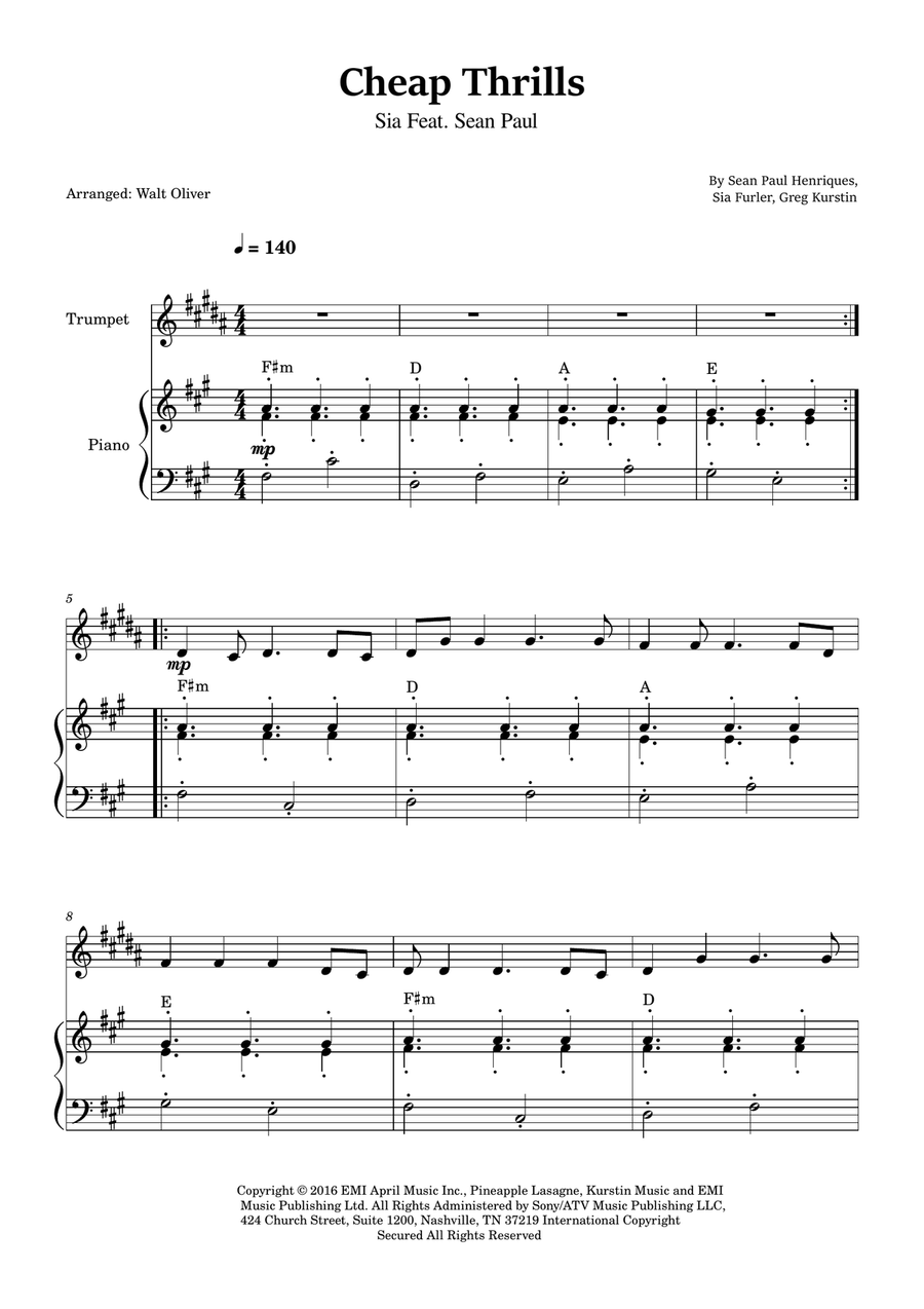 Cheap Thrills (Feat. Sean Paul) B-Flat Trumpet scores gallery preview page 1