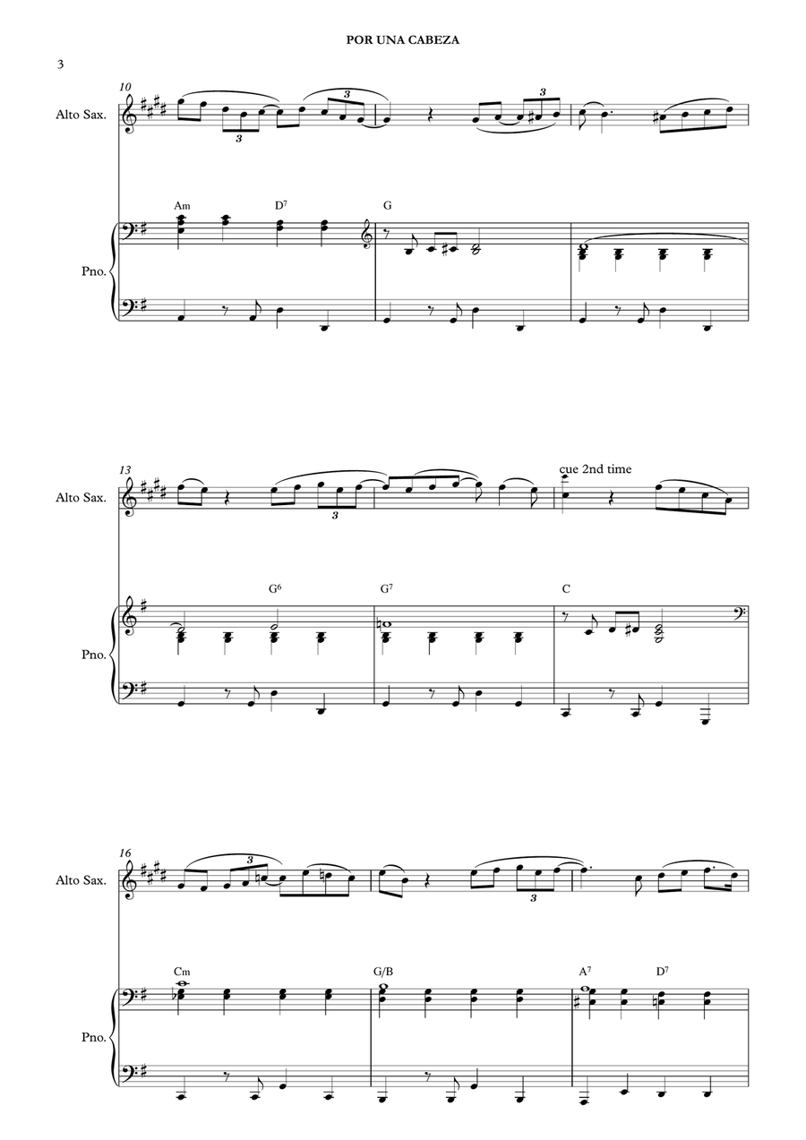 Por Una Cabeza – Carlos Gardel (for Alto Saxophone & Piano) Alto Saxophone scores gallery preview page 5