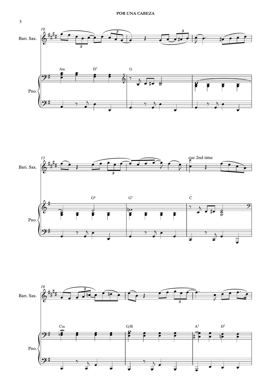 Por Una Cabeza – Carlos Gardel (for Baritone Saxophone & Piano) Baritone Saxophone scores gallery preview page 5