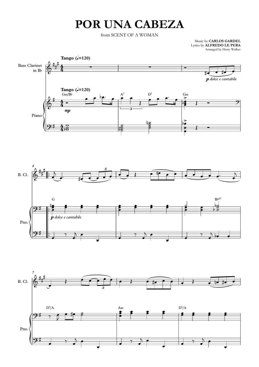 Por Una Cabeza – Carlos Gardel (for Bass Clarinet & Piano) Bass Clarinet scores gallery preview page 4