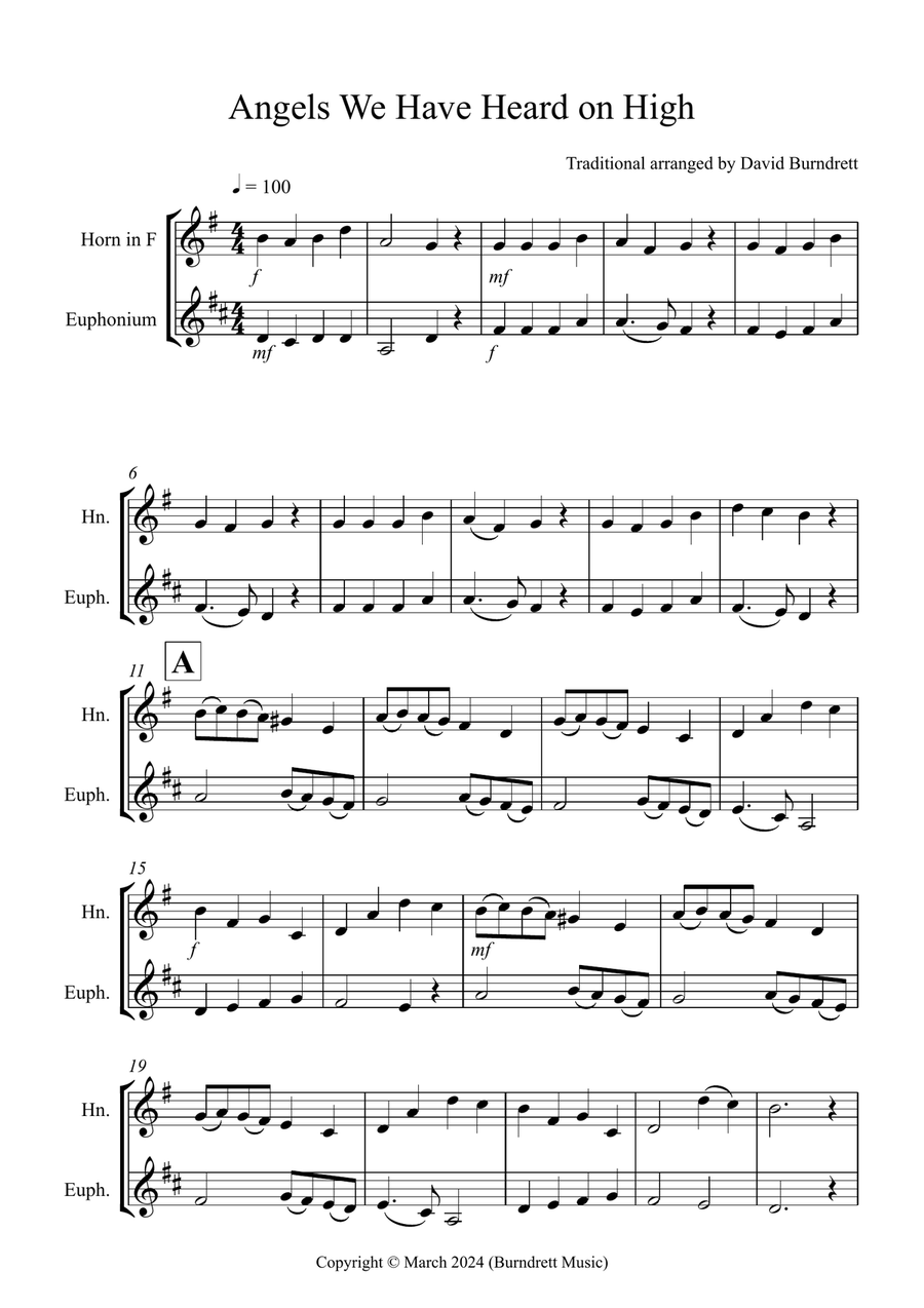 Angels We Have Heard on High for Horn and Euphonium Duet Brass Duet scores gallery preview page 1