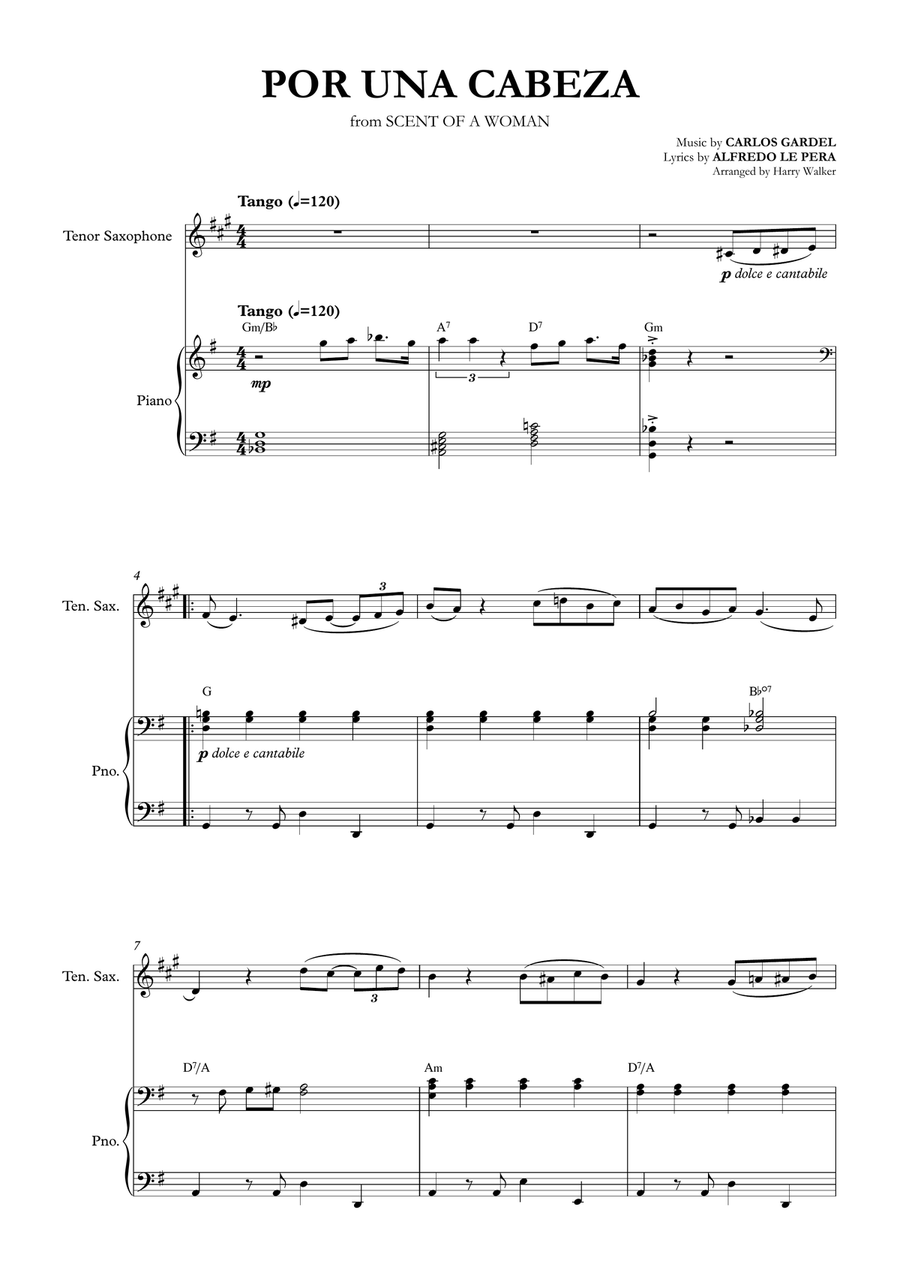 Por Una Cabeza – Carlos Gardel (for Tenor Saxophone & Piano) Tenor Saxophone scores gallery preview page 4
