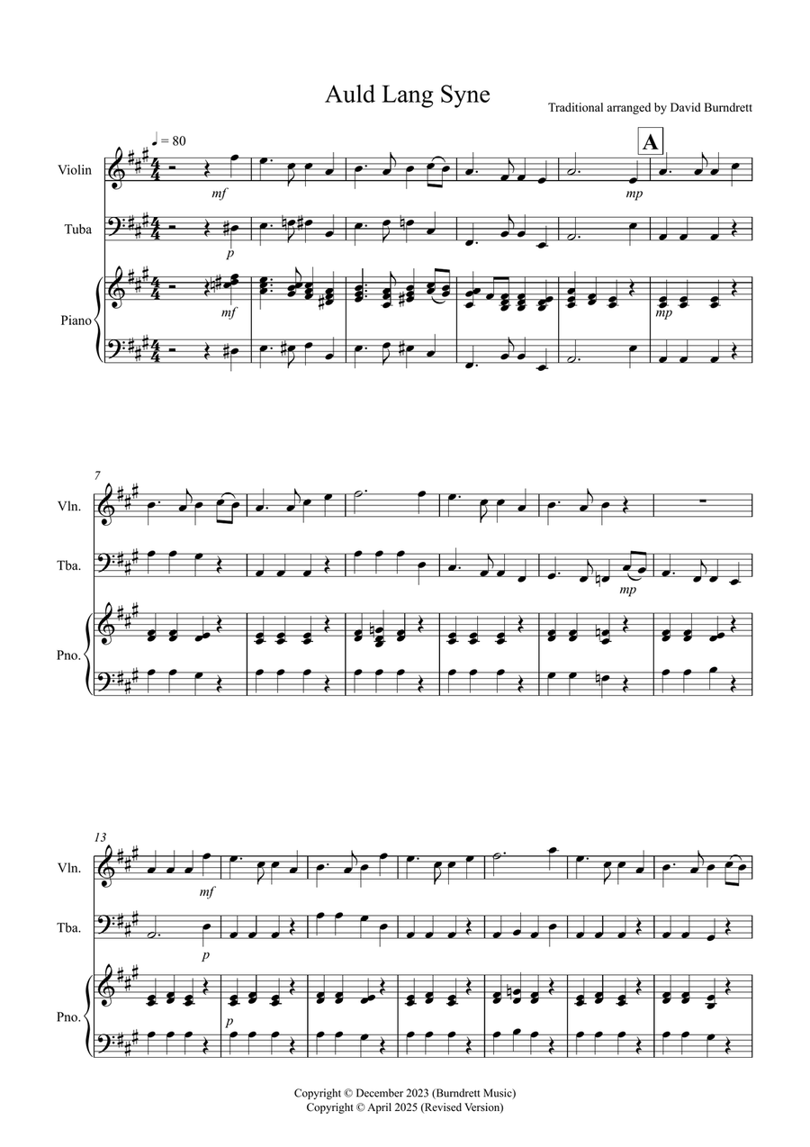 Auld Lang Syne for Violin and Tuba Duet Tuba scores gallery preview page 1