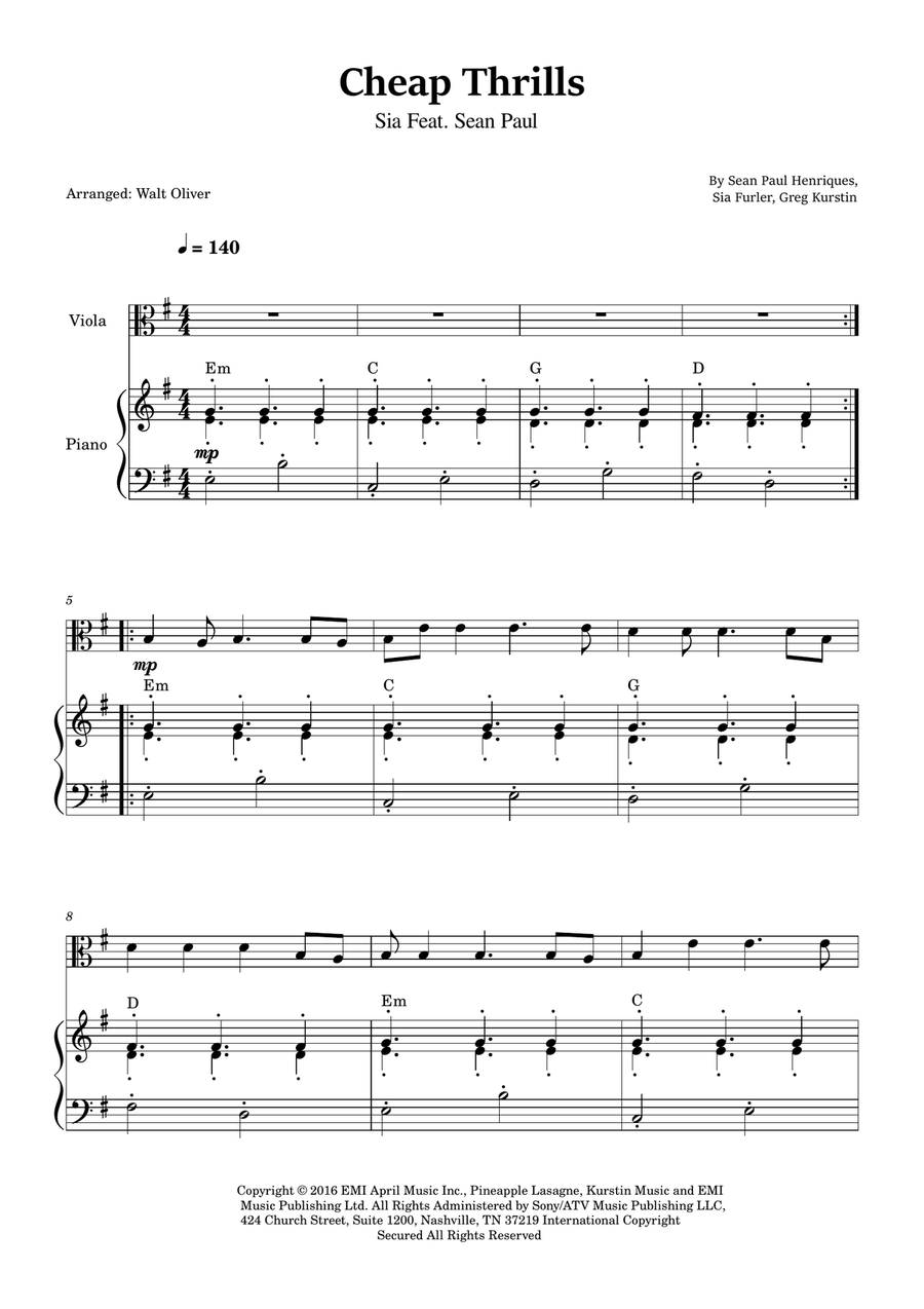 Cheap Thrills (Feat. Sean Paul) Viola scores gallery preview page 1