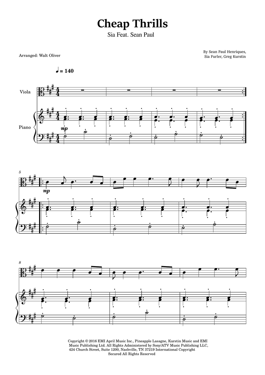 Cheap Thrills (Feat. Sean Paul) Viola scores gallery preview page 1